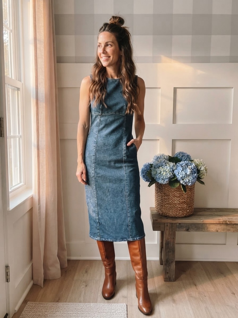 Zara Denim Midi Dress in Washed Blue XS